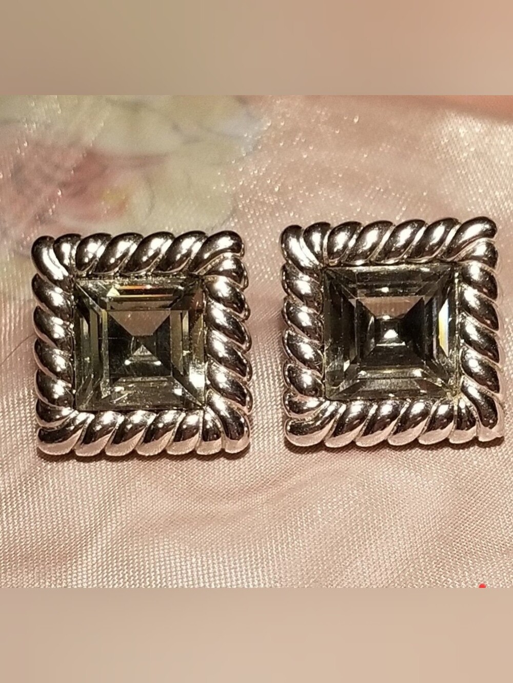 S.A.L. Swarovski Silver-Tone Square Rope Frame Stud Earrings with Gray Crystal